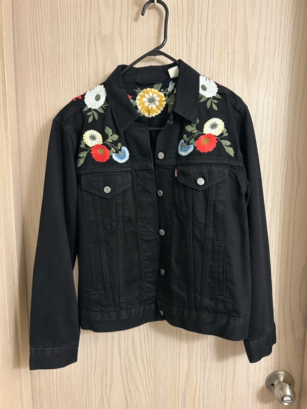 Levi's Black Denim Jacket with Multicolor Floral Embroidery